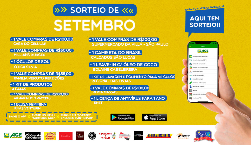 Segundo sorteio do App da ACE Santa Cruz será no dia 8 de outubro